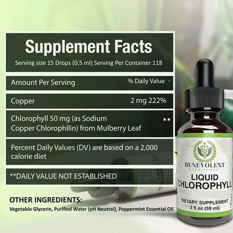 2 BOTTLES-Benevolent Nouris Chlorophyll Liquid Drops Detox, Internal Deodorizer