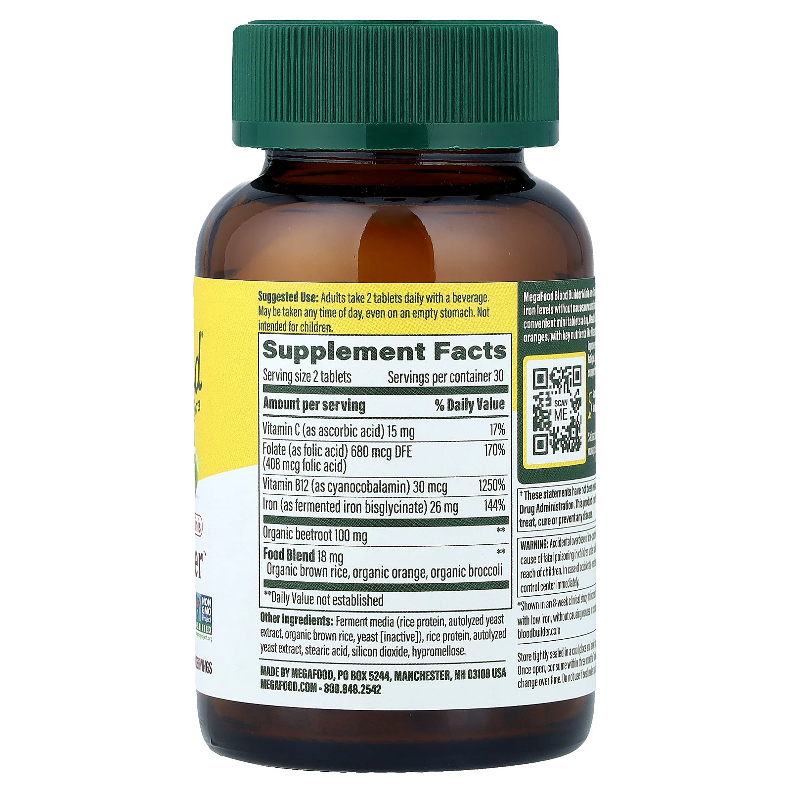 MegaFood Blood Builder Minis 60 Tablets Dairy-Free, Gluten-Free, Kosher, NSF