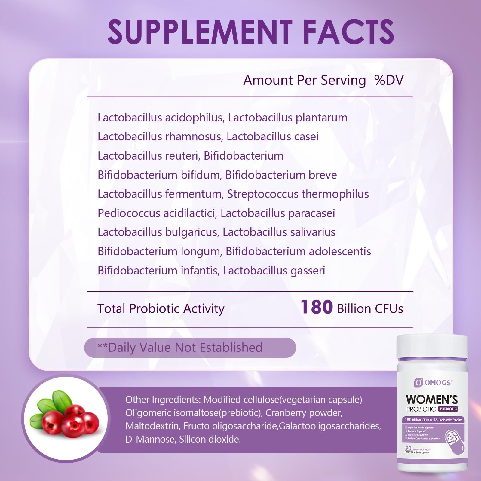 OMOGS Women’s Probiotic 180 Billion CFUs 18 Strains, with Organic Prebiotics, Cr