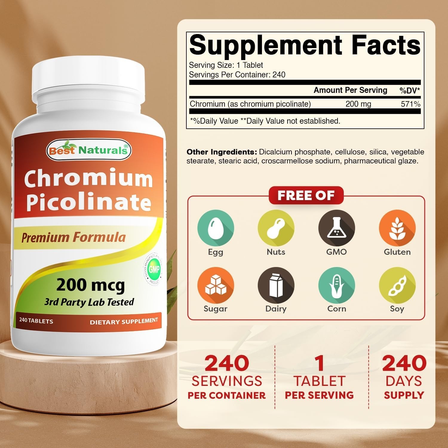 240 Count Chromium Picolinate Tablets 200 mcg – Pure Weight Management Support