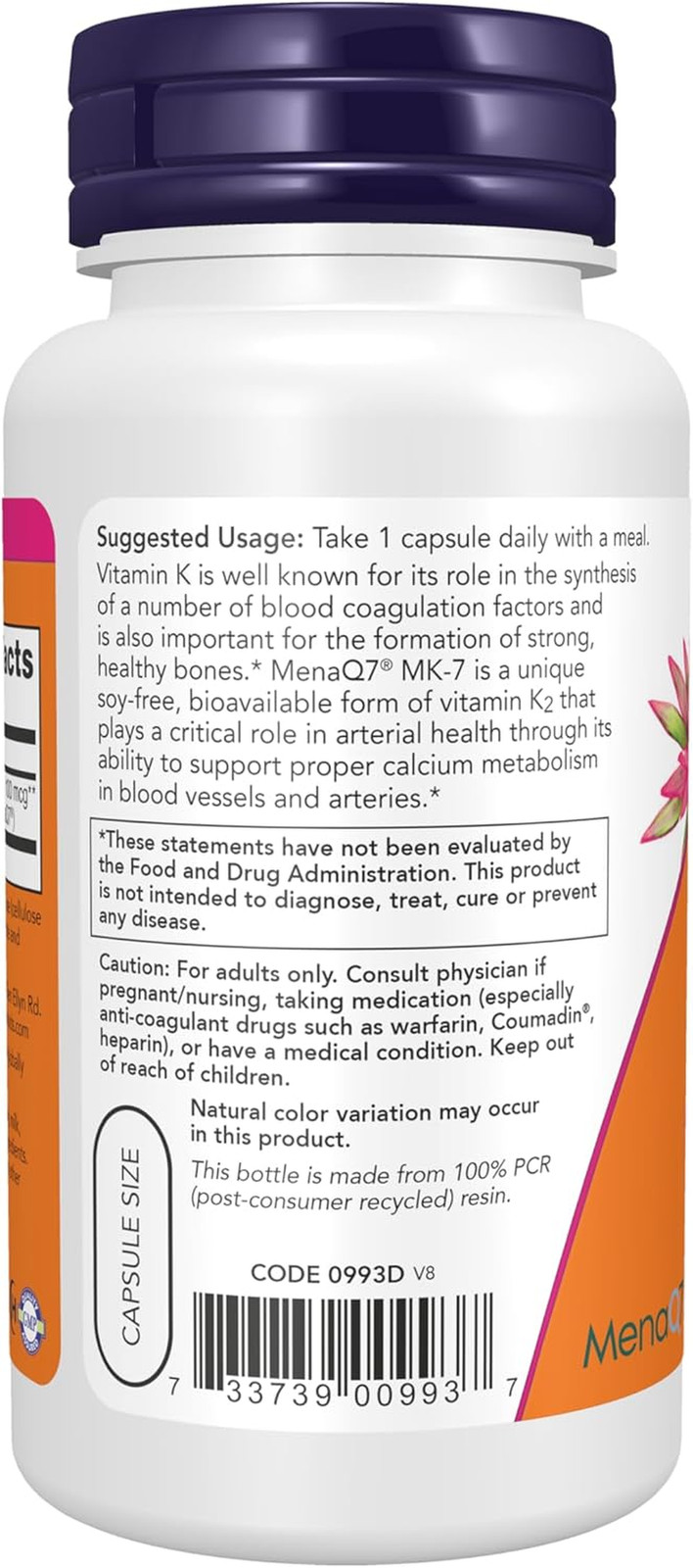 120ct Vitamin K2 MK-7 100mcg Veggie Capsules Bone Cardiovascular Health Support