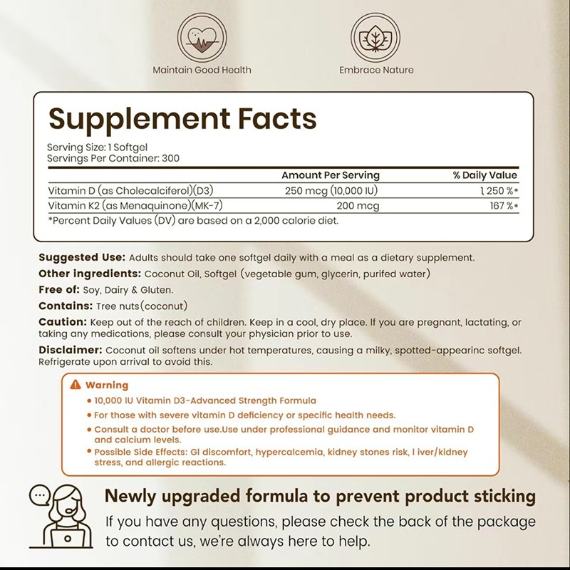 Vitamin D3 Con K2 10000 IU, 300 Virgin Coconut Oil Softgels, 2 in 1 Vitamins