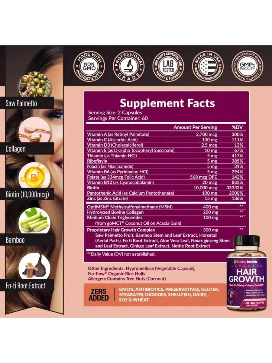 Hair Growth Vitamins 3-Pk – Biotin, Collagen – Supports Hair, Skin & Nails – 180