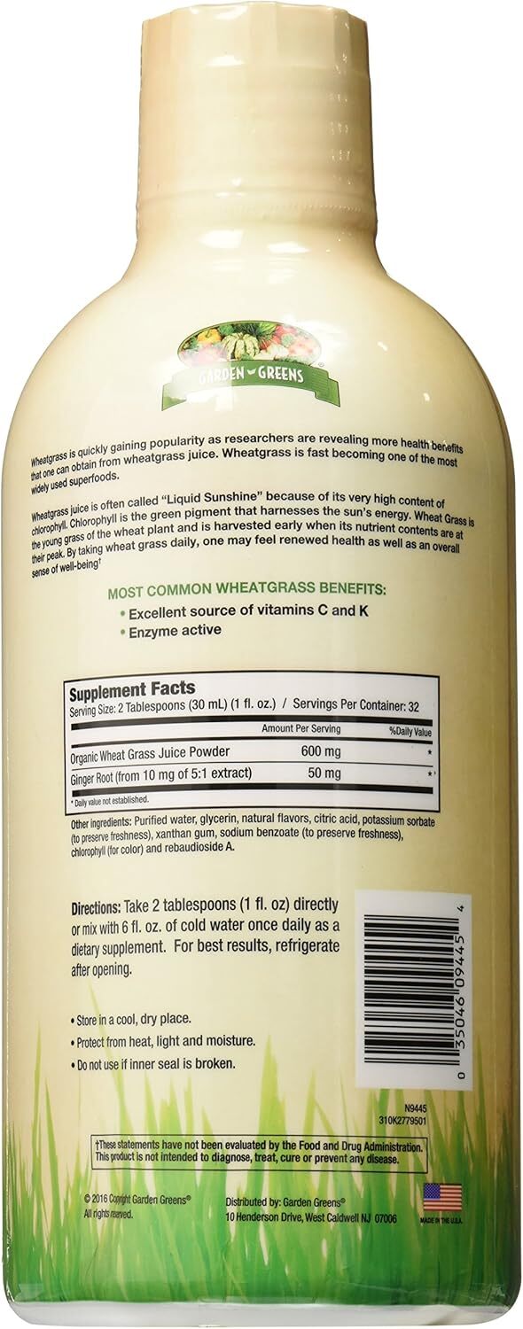 Garden Greens Wheat Grass Liquid Supplement Lemon Flavor 32 Fl Oz 32 Servings