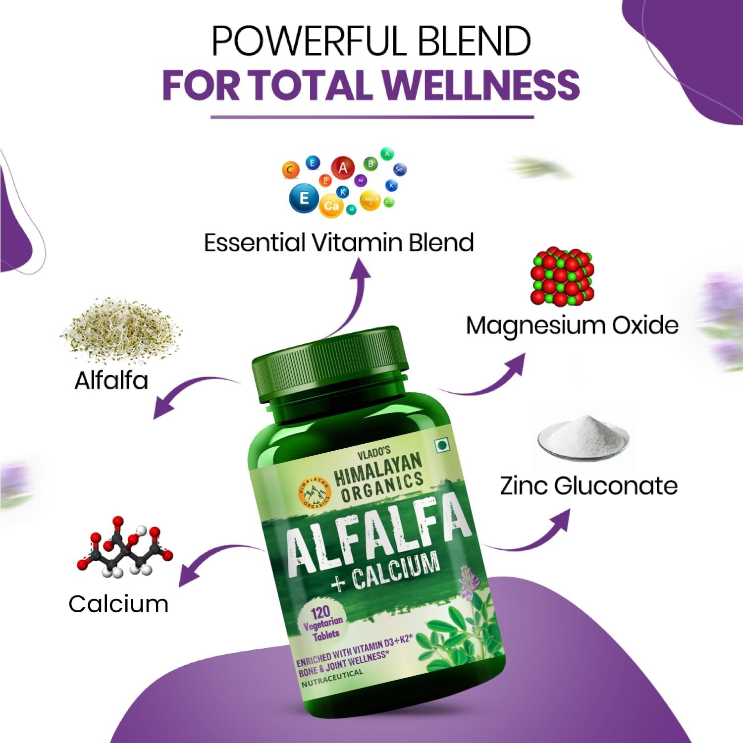 HIMALAY.AN Organics Alfalfa Calcium D3 K2 Zinc 360Tabs