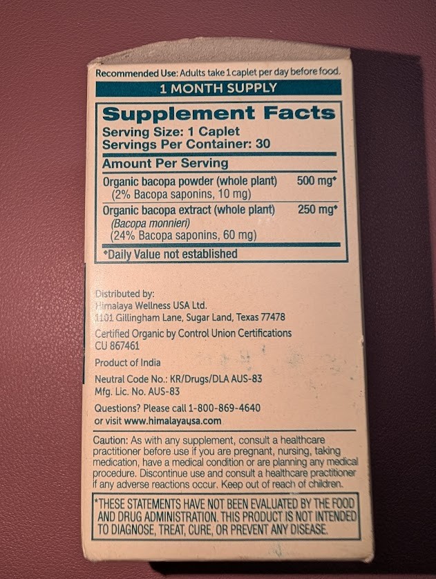 Organic Bacopa, 30 Caplets