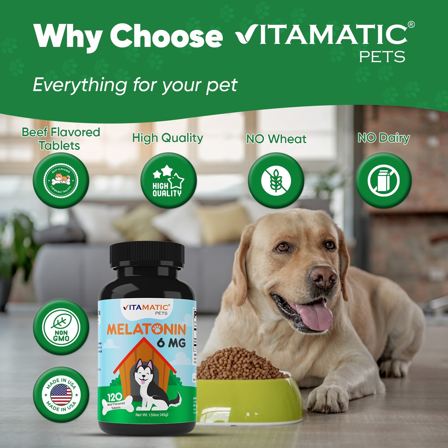Vitamatic Melatonin for Dogs 6 mg 120 Beef Flavored Chewable Tablets