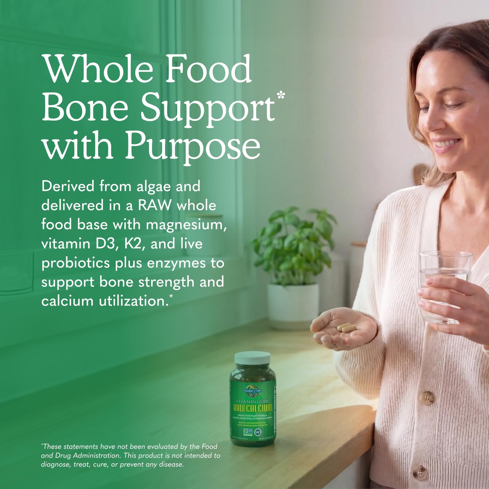 Garden of Life Raw Calcium Supplement w/ Magnesium K2 D3 C Probiotics 120 Caps