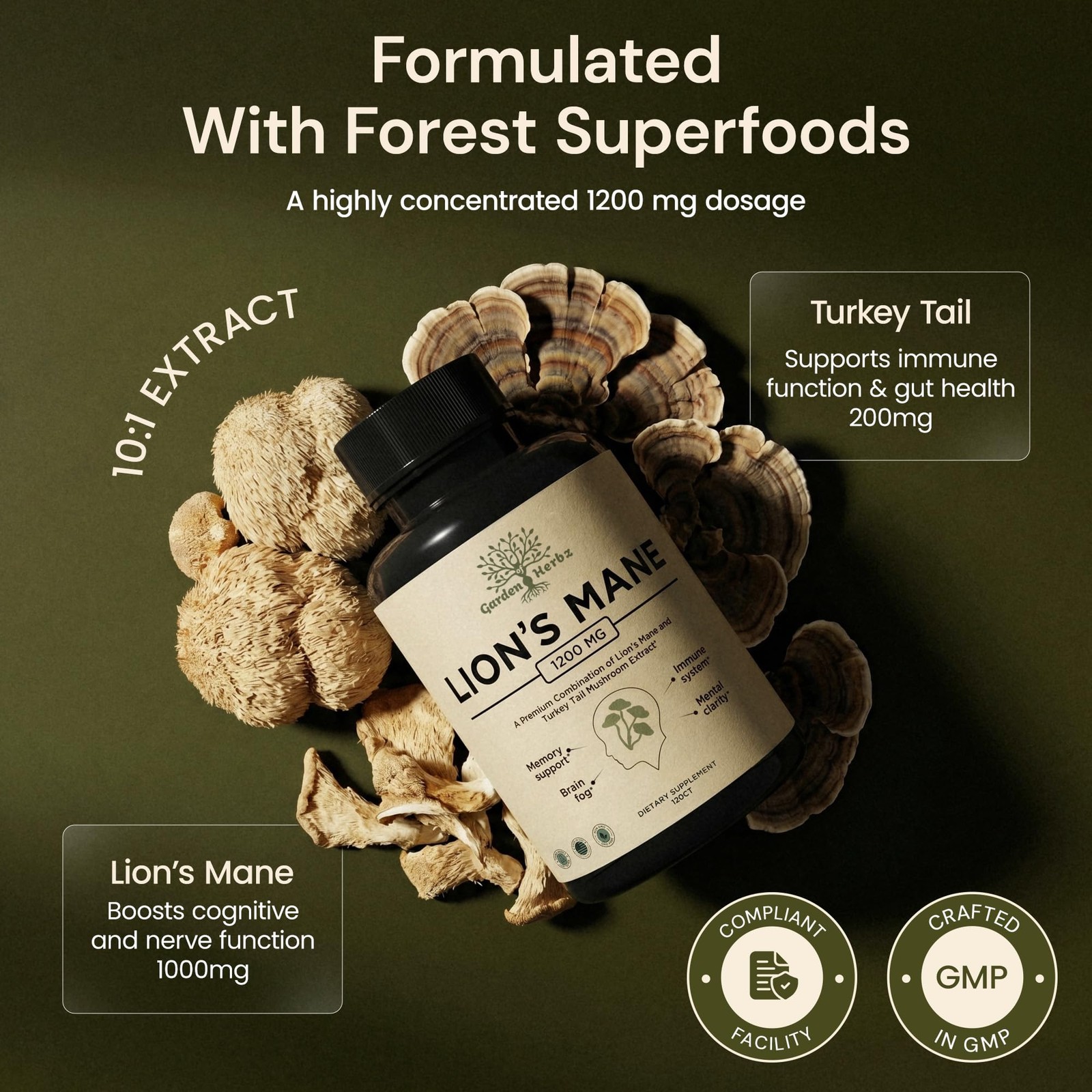 Lion’s Mane Mushroom Supplement Capsules with Turkey Tail for Memory & Focus …