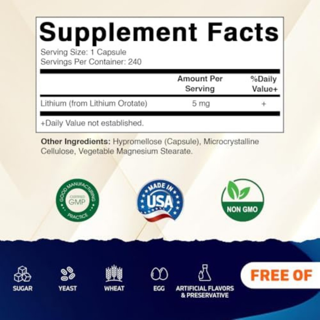 Vitamatic Lithium Orotate 5mg, 240 Veggie Capsules, Non-GMO, Gluten Free.
