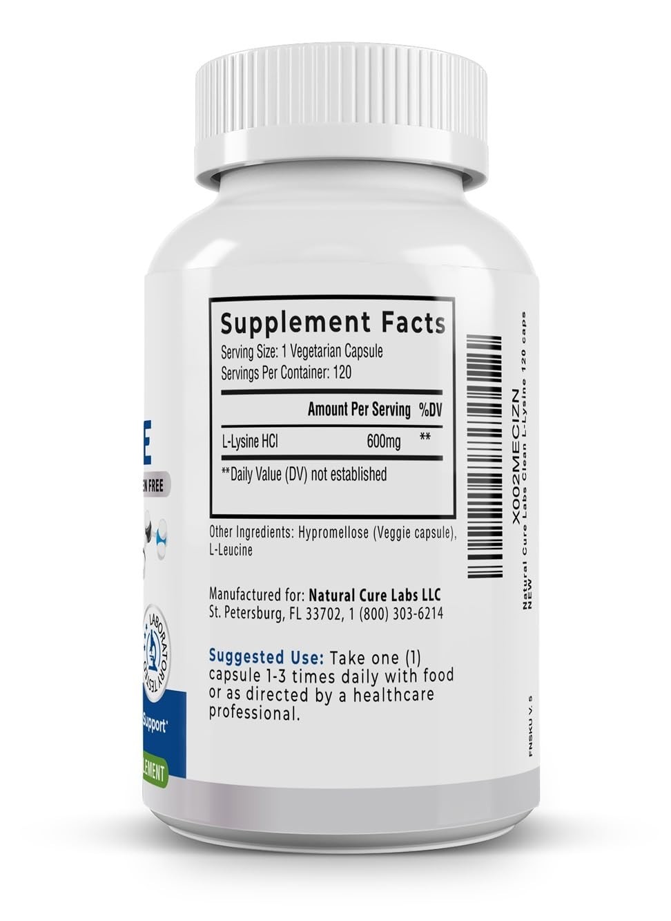 L-Lysine 600mg Capsules – Vegan, Non-GMO, Gluten-Free, Immune Support, 120 Count