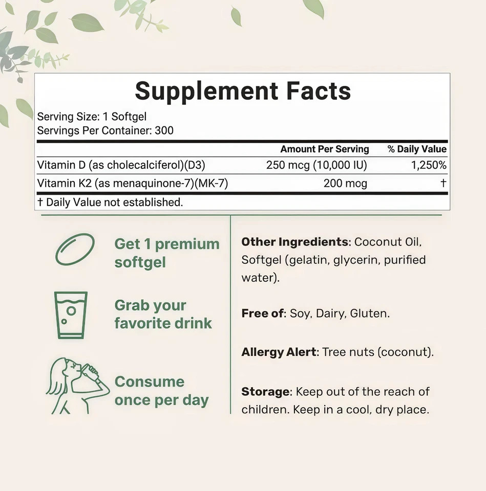 Vitamin D3 10000 iu Plus 300 (MK-7) 200 mcg, K2 Virgin Coconut Oil Softgels