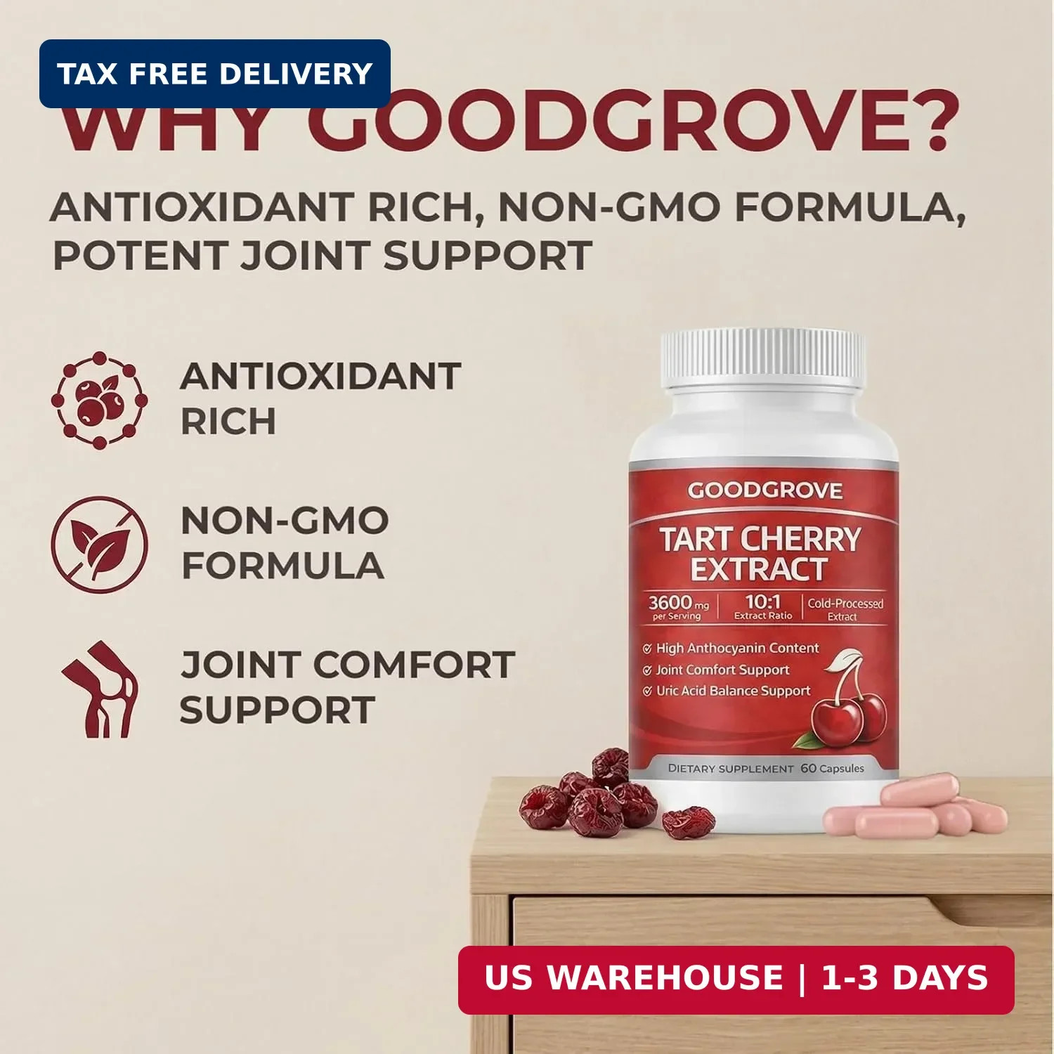 Tart Cherry Extract Capsules 3600mg Joint Support Supplement 60 Count Pack