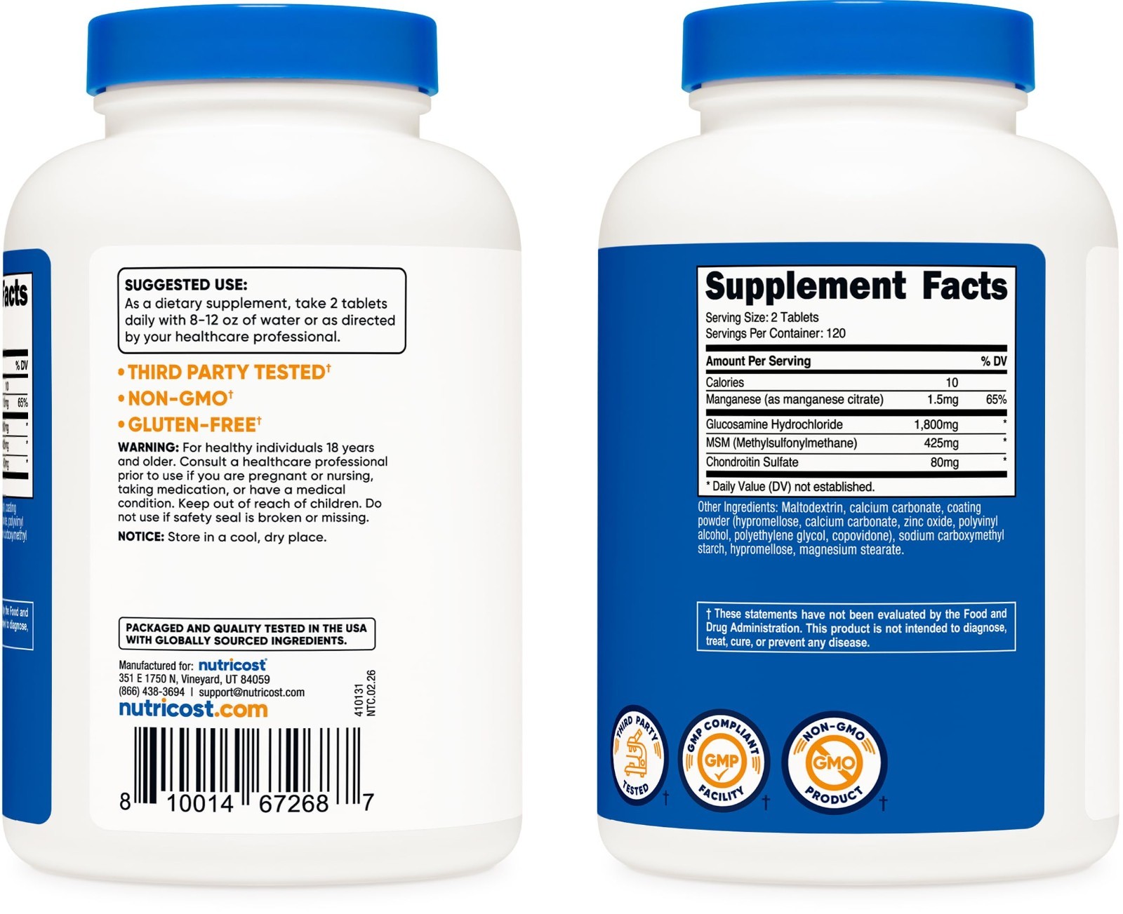 Glucosamine 1800mg with Chondroitin & MSM – 240 Tablets, Non-GMO, Gluten Free