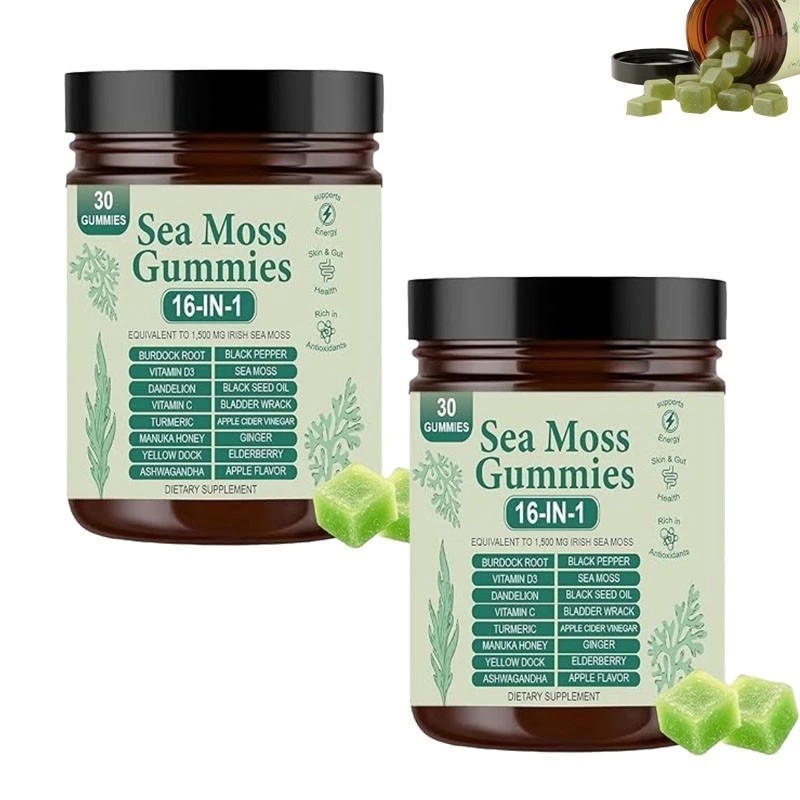 16 in 1 Organic Sea Moss Gummy | Irishmoss Extract 6000Mg | Green Apple Flavor