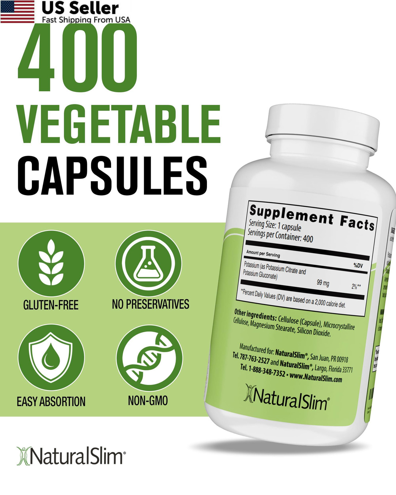 NaturalSlim Natural Potassium Citrate Gluconate 99 mg – 400 Count (Pack of 1)