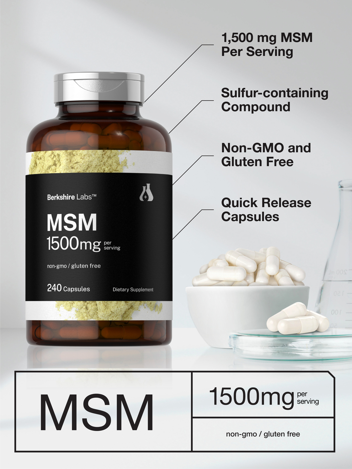 MSM Capsules 1500mg | 240 Count | Non-GMO, Gluten Free | Berkshire Labs