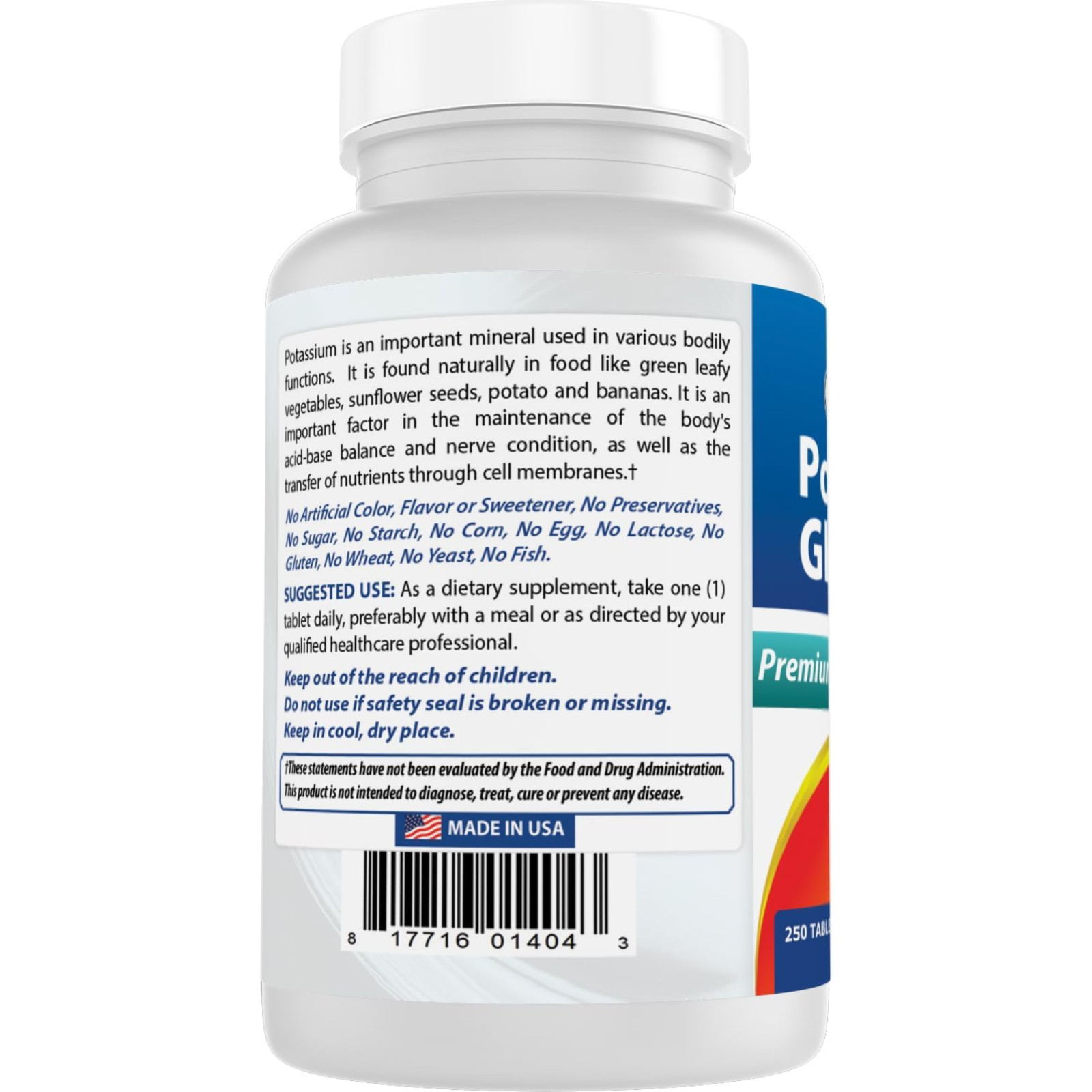 Best Naturals Potassium Gluconate 595mg 250 Tablets Non-GMO Gluten Free USA Made