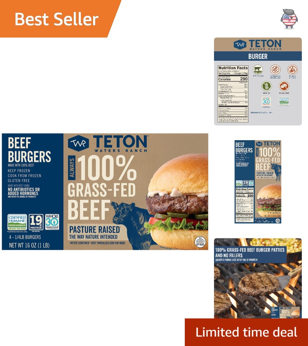 Convenient 100% Grass-Fed Beef Burgers, Frozen, Gluten Free, 4 Patties, 16 oz