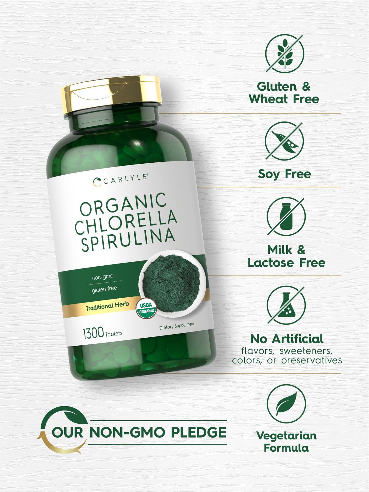 Carlyle Organic Chlorella Spirulina Tablets | 1300 1300 Count (Pack of 1)