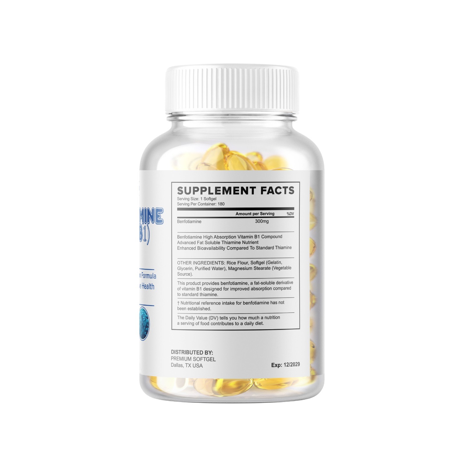 Benfotiamine 300mg 180 Softgels Gluten Free and Non-GMO Vitamin B1