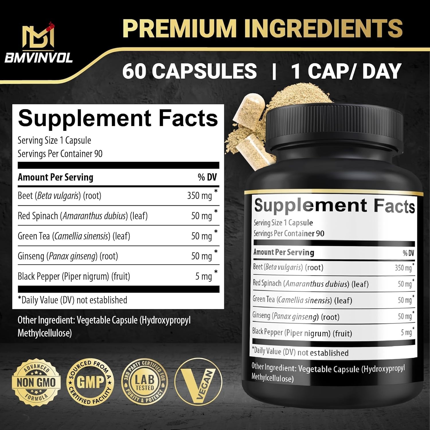 Beet Root Capsules – Green Tea, Red Spinach, Ginseng, Black Pepper – 90 Count –