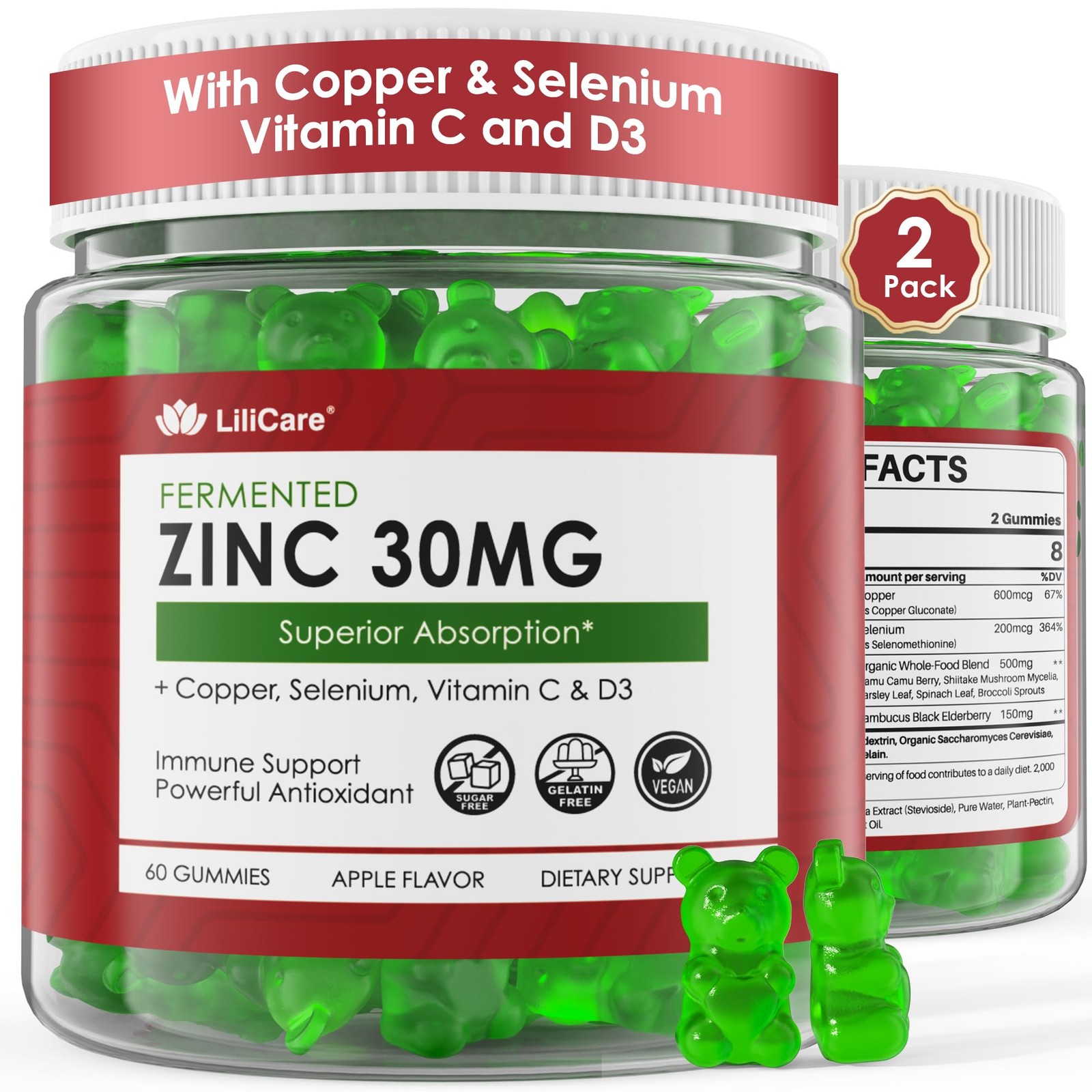 Zinc Gummies + Copper, Selenium, Vitamin C & D3, 60 Count (Pack of 2)