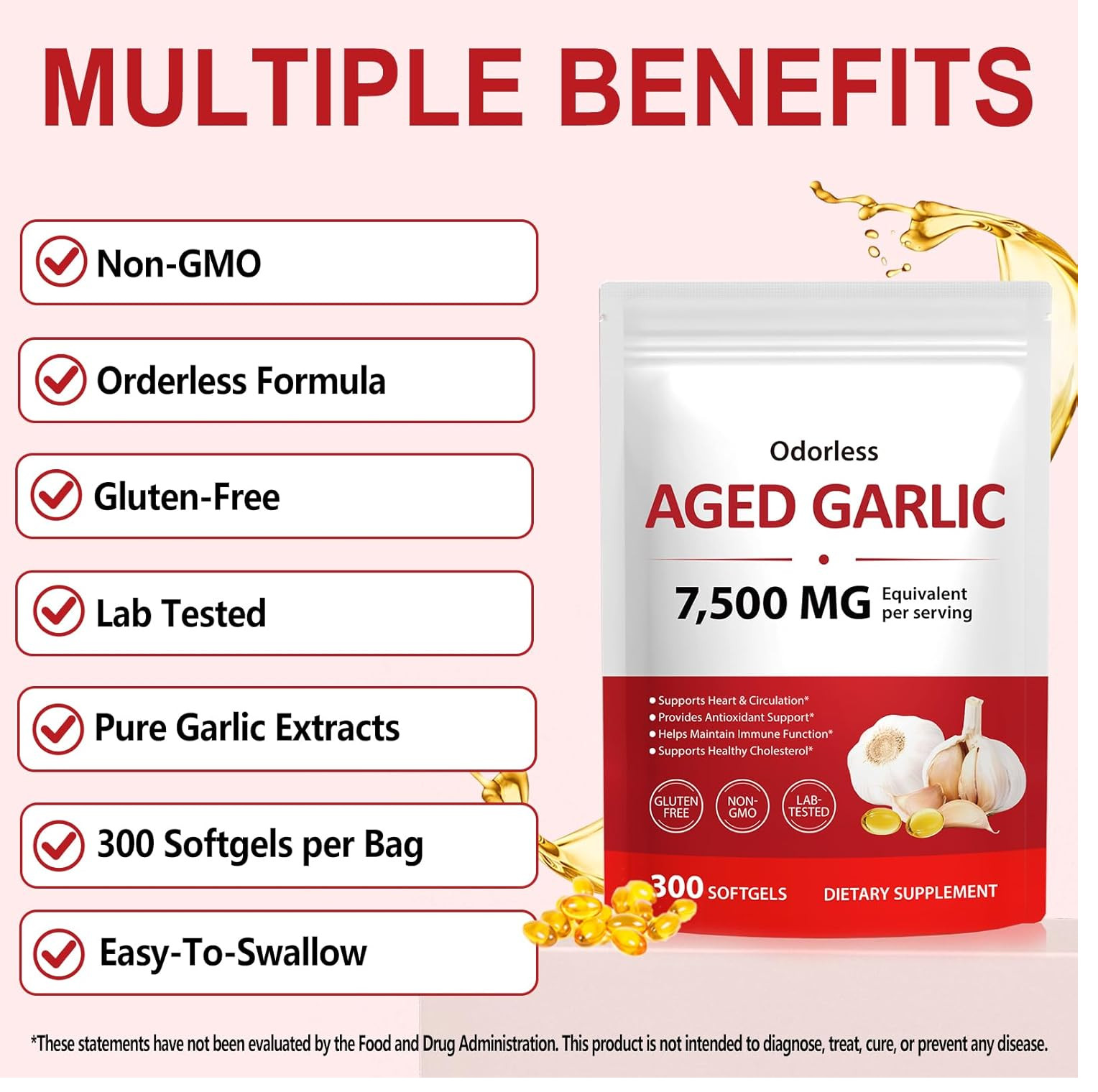 Odorless Garlic 7500mg Per Servings, 300 Softgels | 2 Years Aged Garlic Extra…