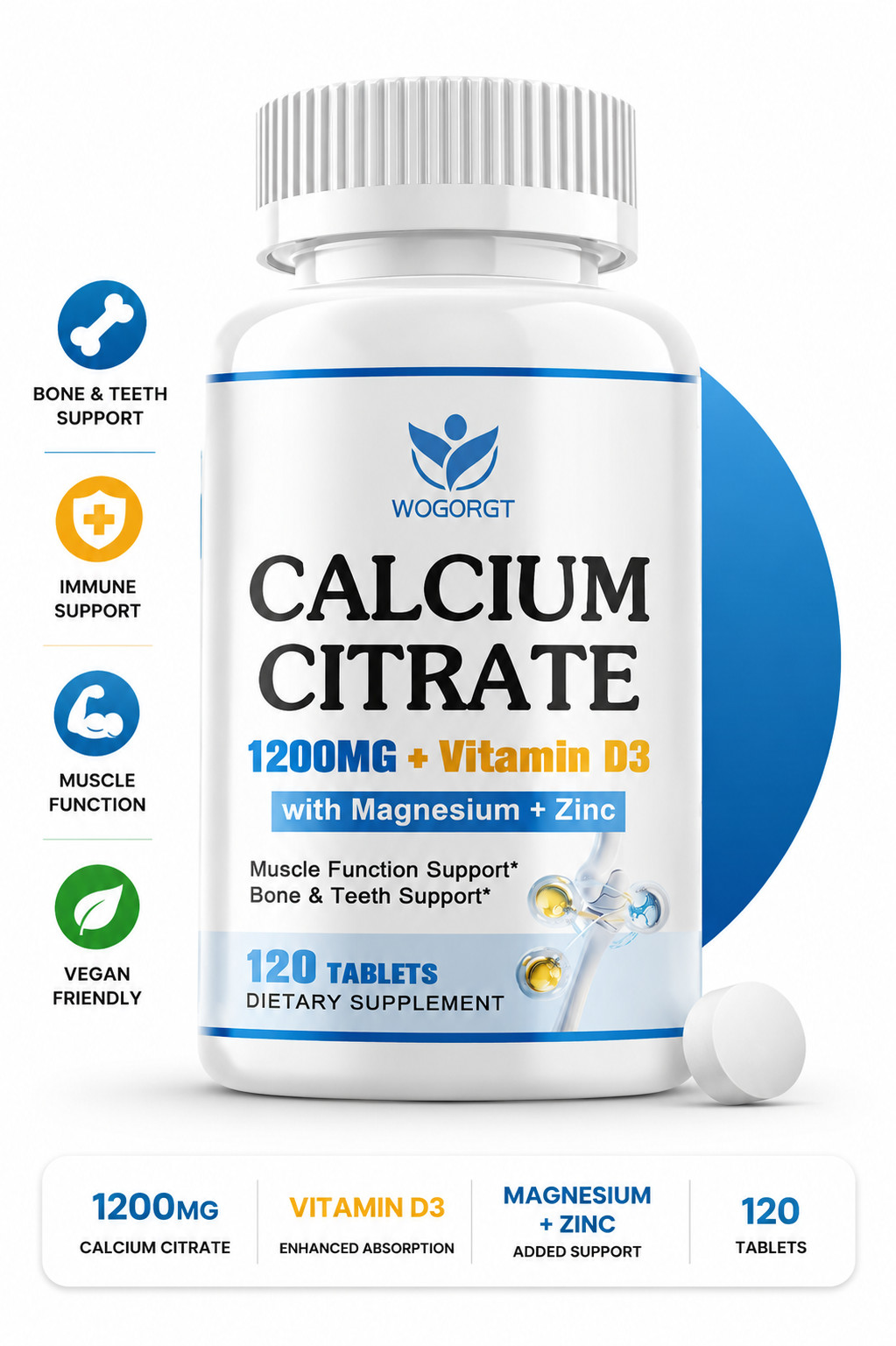 Calcium Citrate 1200mg with D3, Magnesium & Zinc for Bone and Immune Health Aids