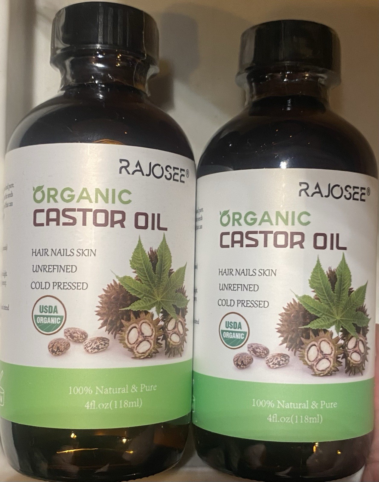 2 Pcs Certified Organic Castor Oil, Natural Oil Cold Pressed in Glass Bottle 8oz