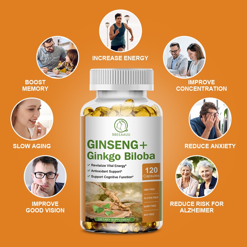 120pcs GINSENG+Ginkgo Biloba Capsules ,Antioxidant Cognitive Function Support