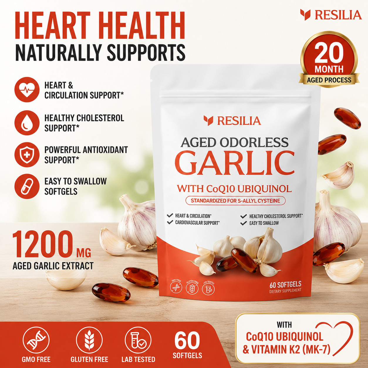 Resilia Garlic Extract 1200mg Softgels (60 Count) – Odorless Aged Garlic Extra**