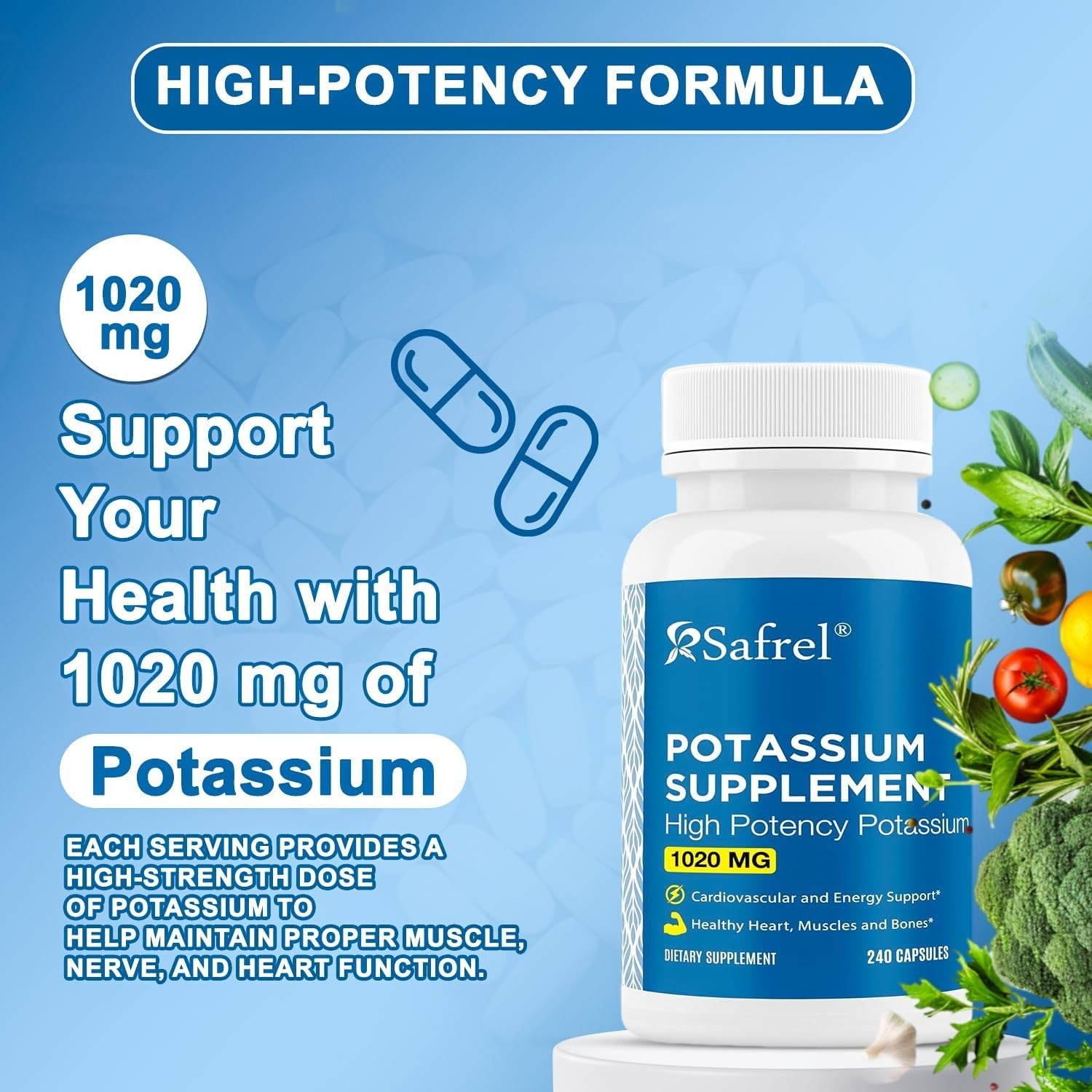 High Potency Potassium Supplement 1020 mg, 240 Vegetarian Capsules, Gluten-Free