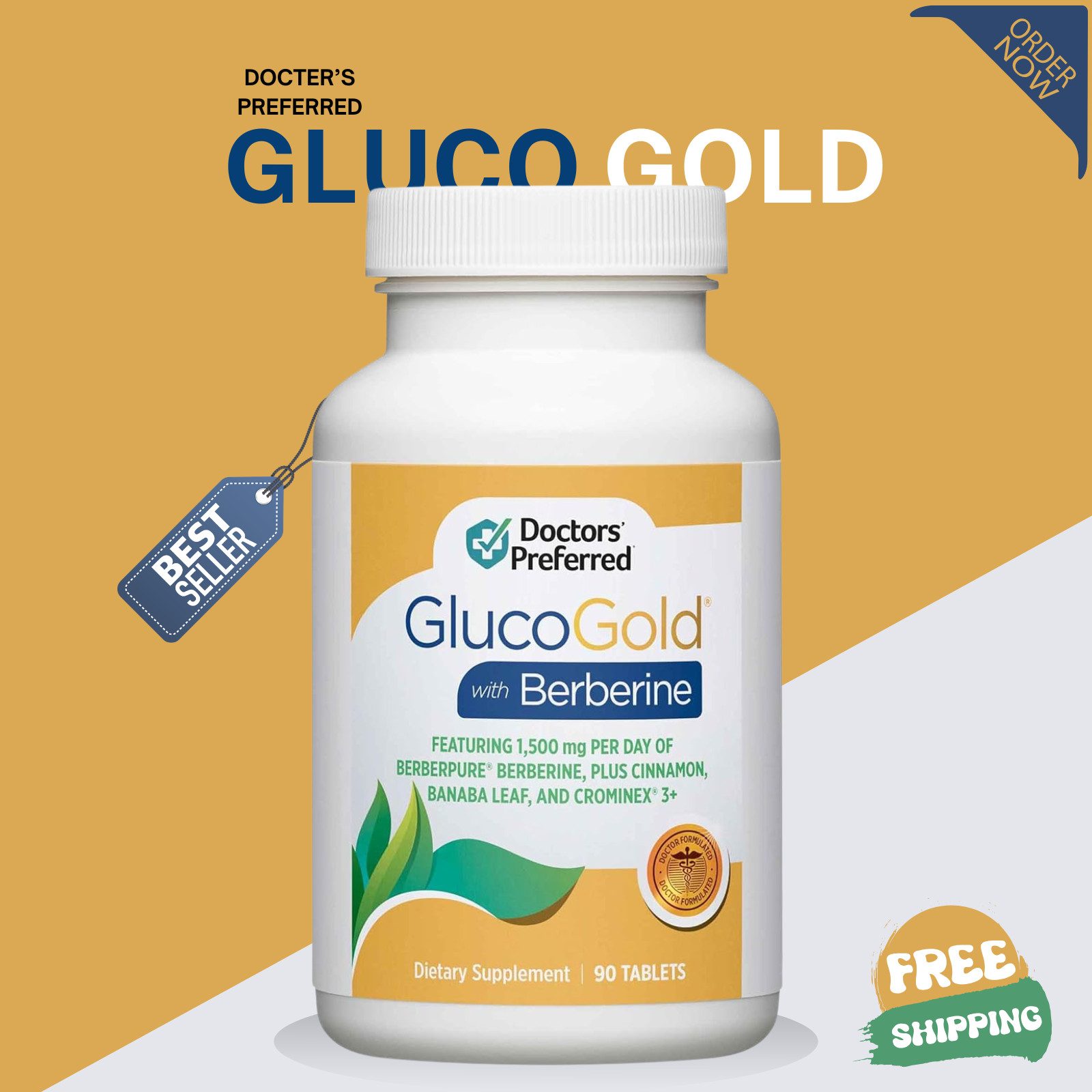 GlucoGold Berberine Blood Sugar Support – Cinnamon, Chromium, Banaba – 90 Tabs