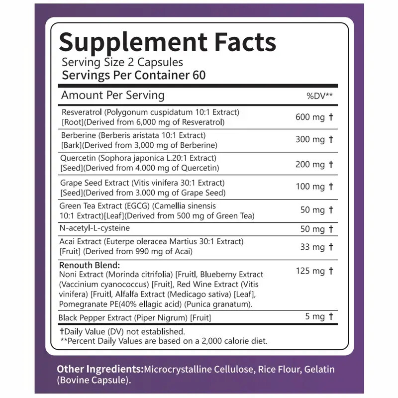 Resveratrol 6000mg Berberine 3000mg 120 caps Quercetin/Hawthorn