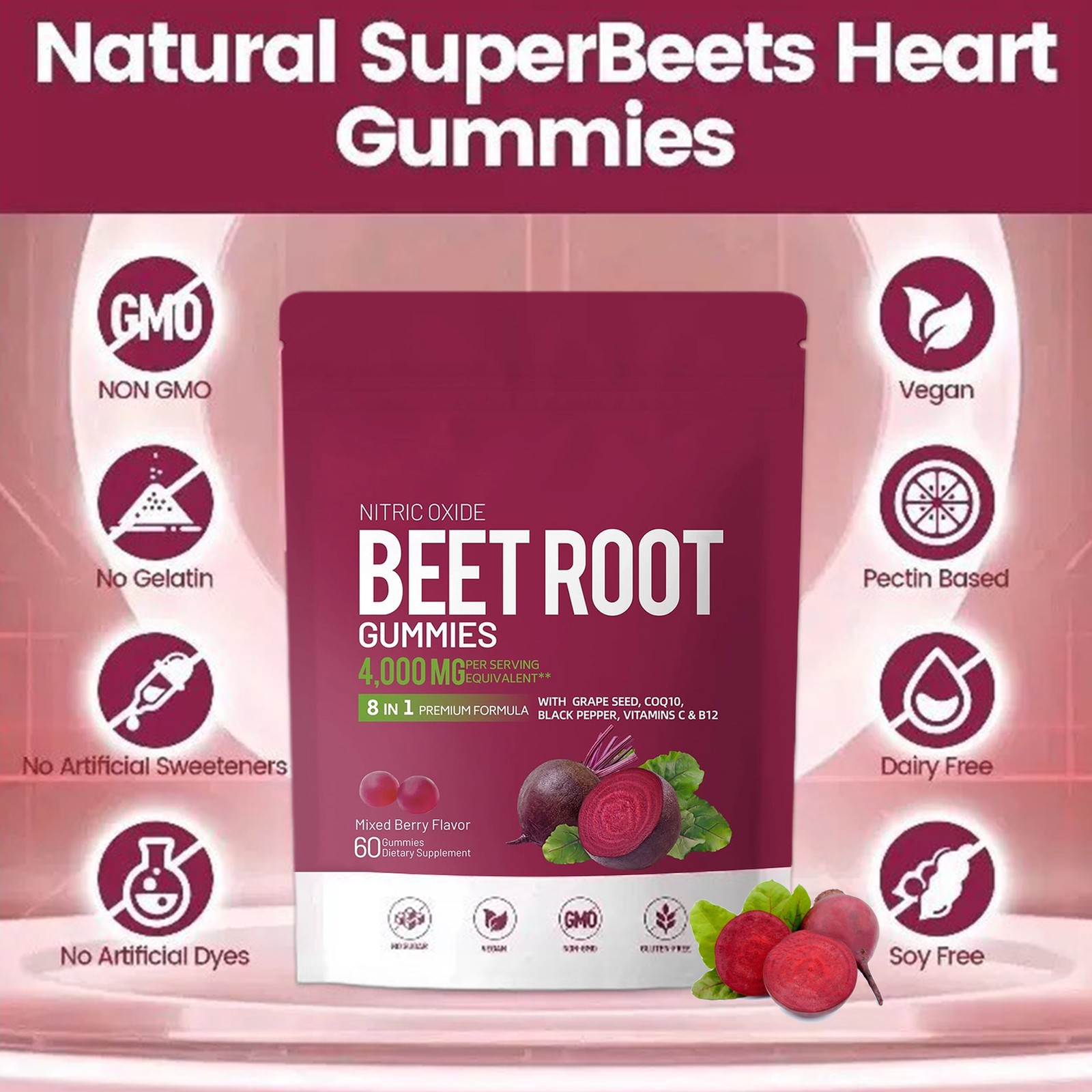 Beet Pure Root Gummies For Blood Pressure Heart Health Support Energy Level 60ct