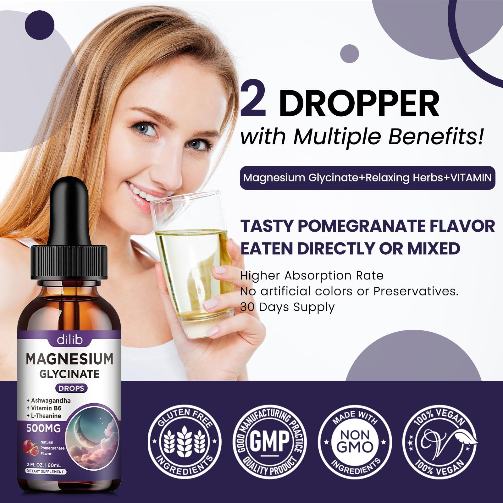 Magnesium Glycinate Liquid Drops 500mg, with Vitamin B6, 2 Fl Oz (Pack of 1)