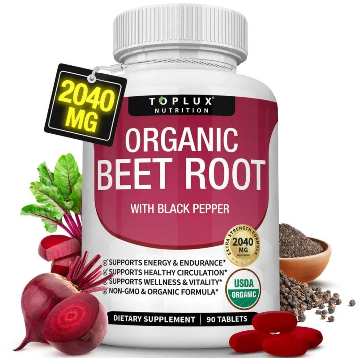 Toplux Organic Beet Root 2040mg | Nitric Oxide Boost Supplement Tablets