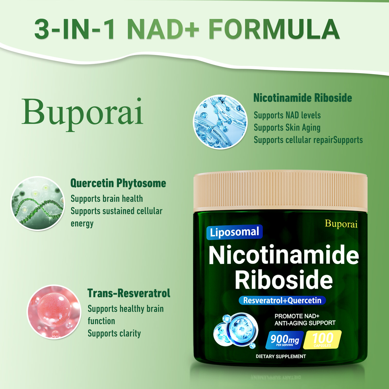 Nicotinamide Riboside – Resveratrol,Boosts NAD+, Anti-Aging Support,Focus Booste