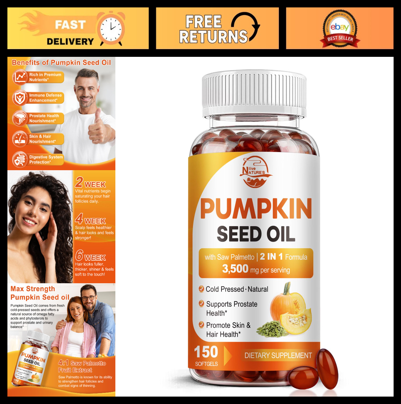 Max Strength Pumpkin Seed Oil & Saw Palmetto 3500mg, 150 Softgels, Cold-Pressed,