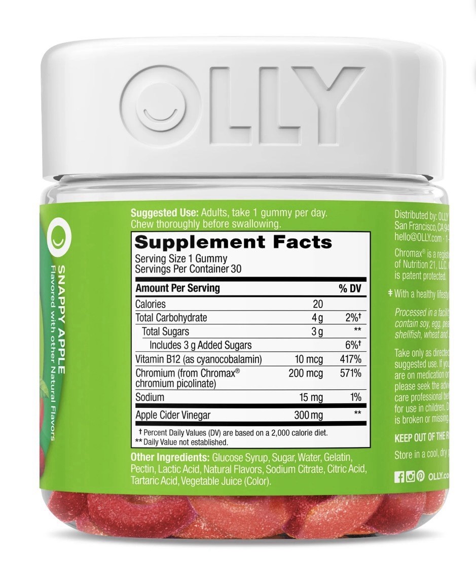 OLLY Metabolism Gummy Rings Apple Cider Vinegar, Vitamin B12, Chromium 30 Count.