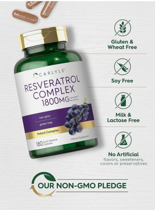 Resveratrol Supplement 1800mg | 180 Capsules | Non-GMO, Gluten Free | by Carlyle