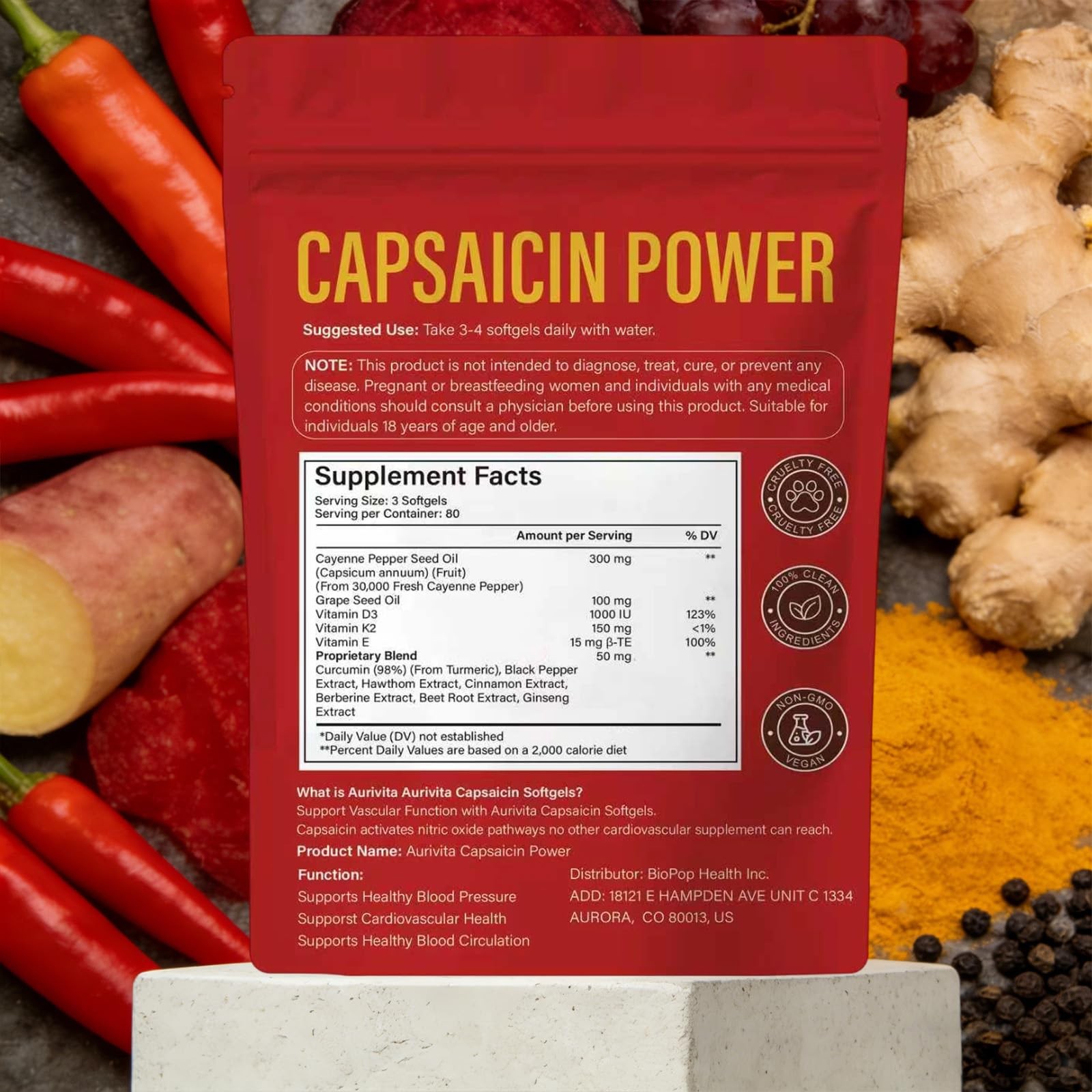 Aurivita Cayenne Capsaicin Softgels + D3, K2, Beetroot, Grape Seed 240 ct