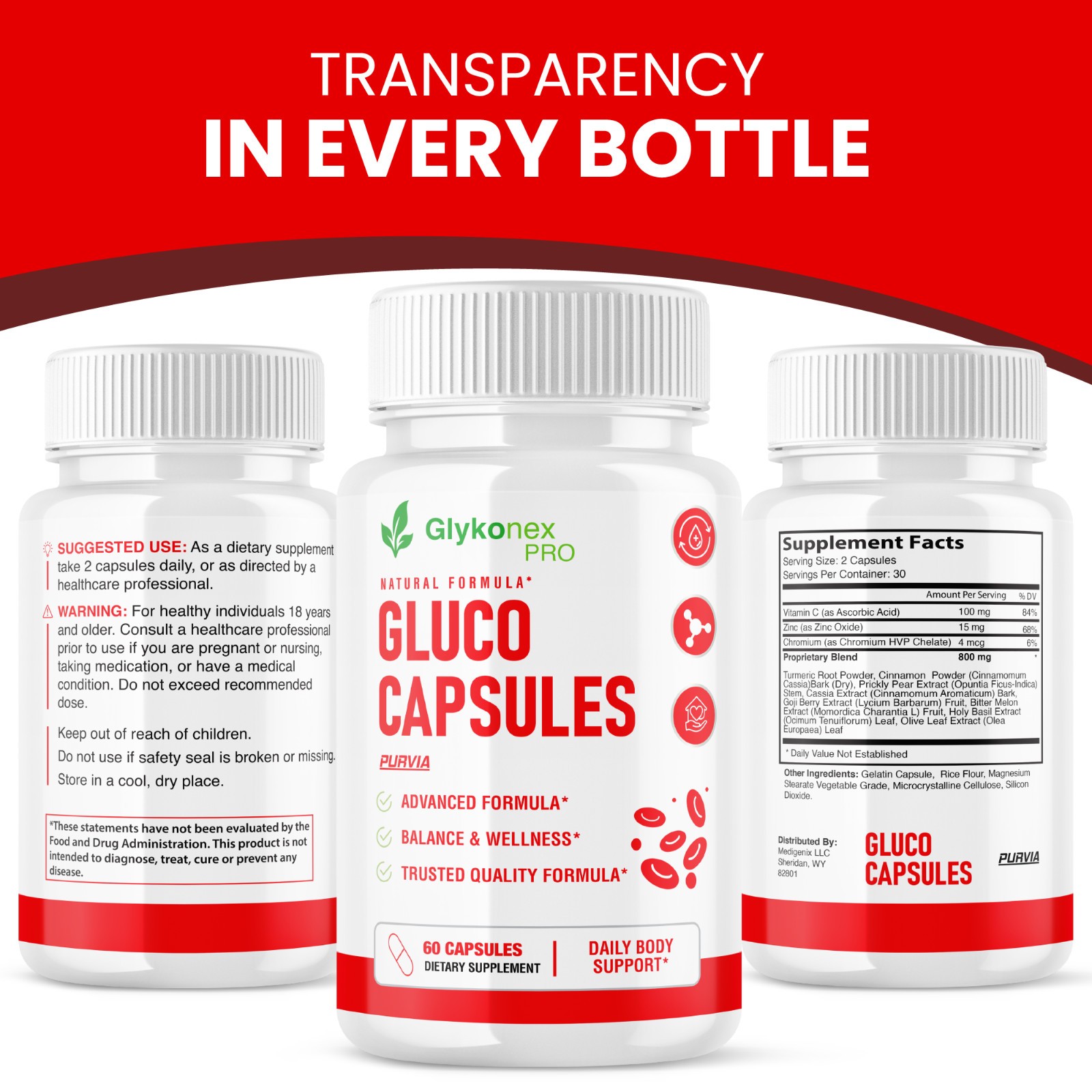 1-5x Glykonex Pro Gluco Capsules Daily Blood‑Sugar Optimizer Support Pills 60 ct
