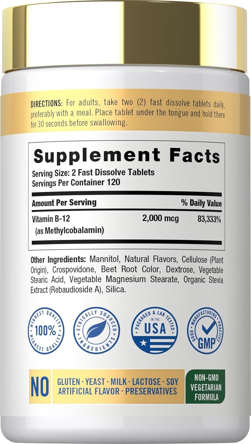 Sublingual B12 Methylcobalamin 2000mcg 240 Fast Dissolve Energy Brain Berry Vega
