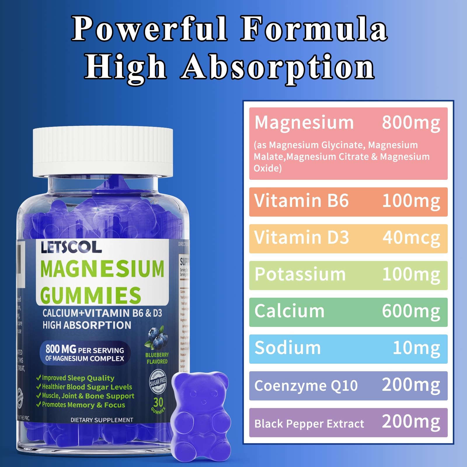 LETSCOL Magnesium Glycinate Gummies, Sugar Free 30 Count (Pack of 1)