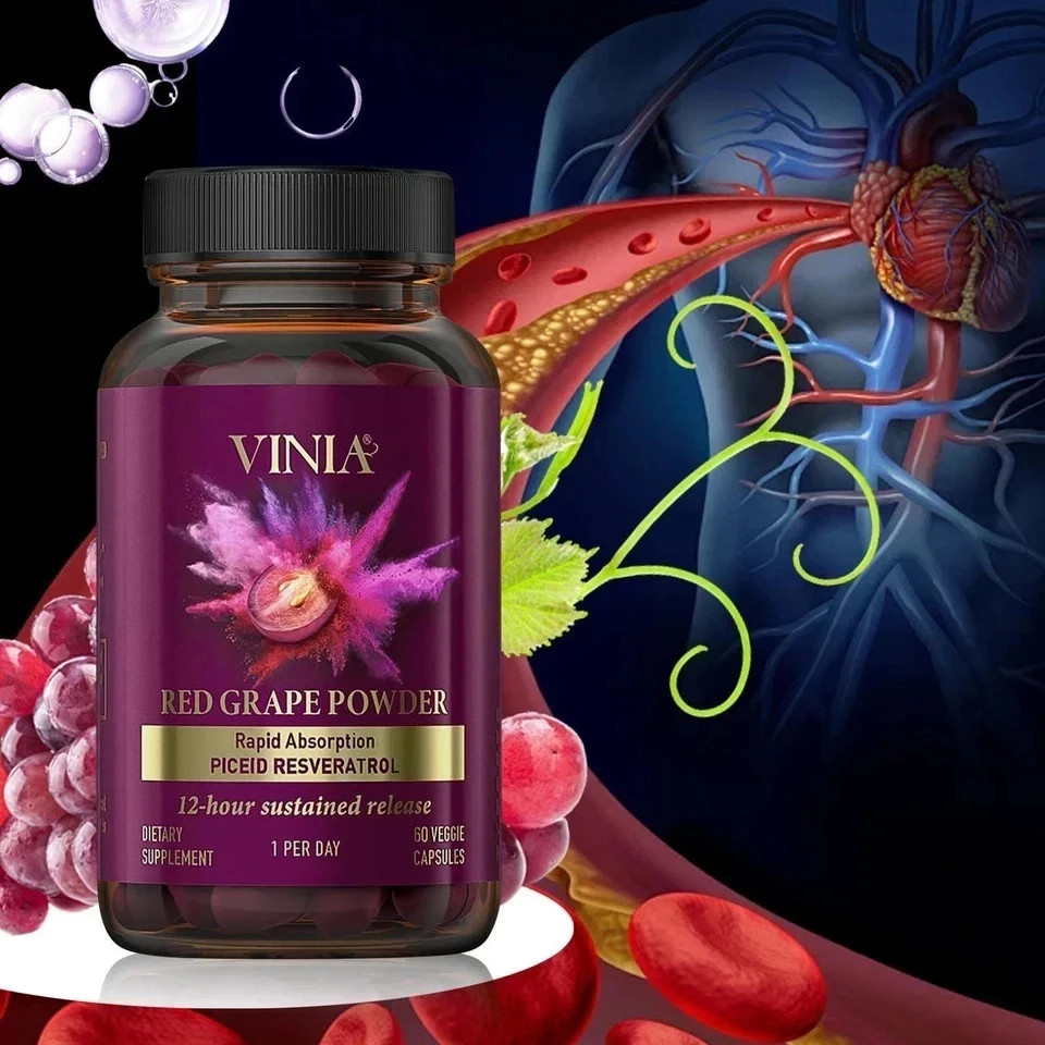 Vinia Red Grape Powder Rapid Absorbtion Piceid Resveratrol 60 Capsules 3 Pack