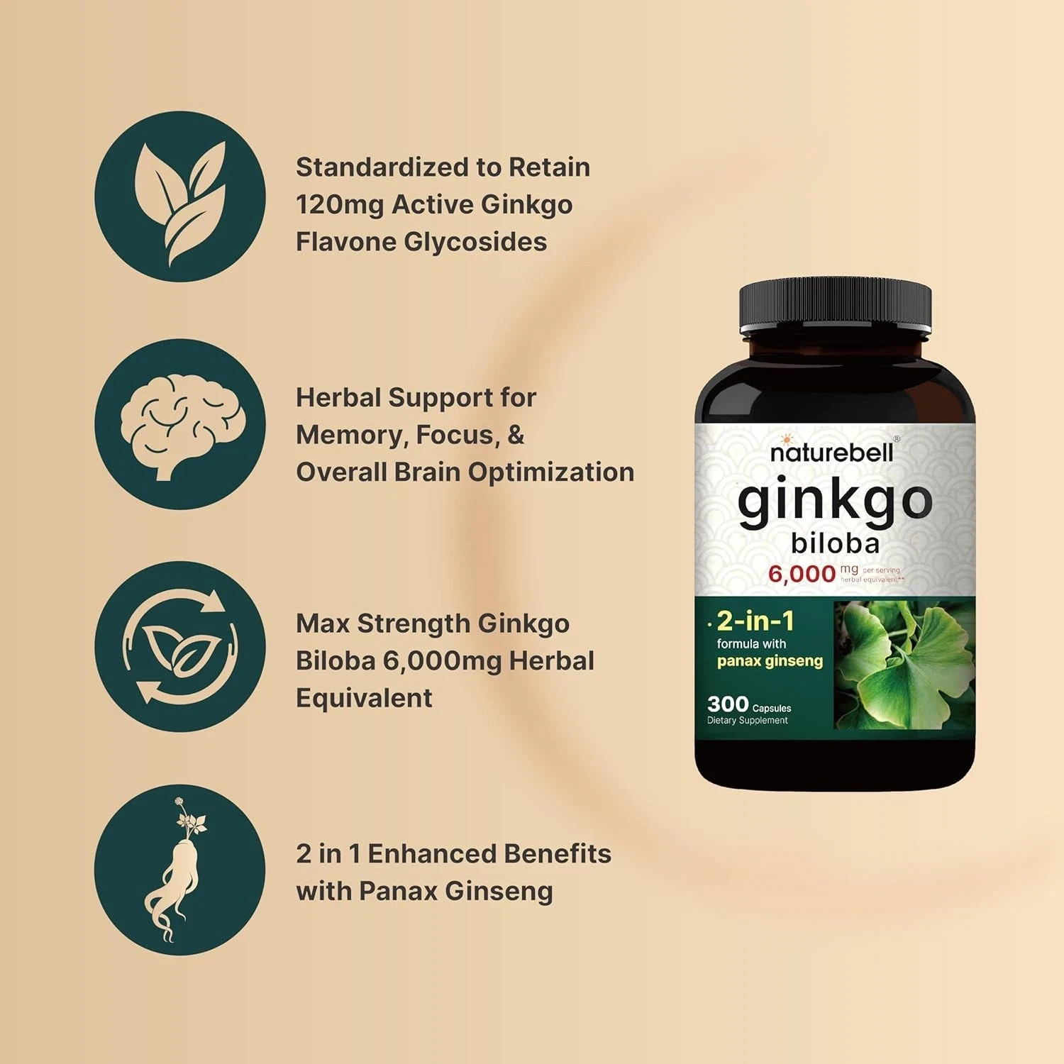 300 Caps Ginkgo Biloba 6000mg w/Red Panax Ginseng for Memory Focus Brain Health