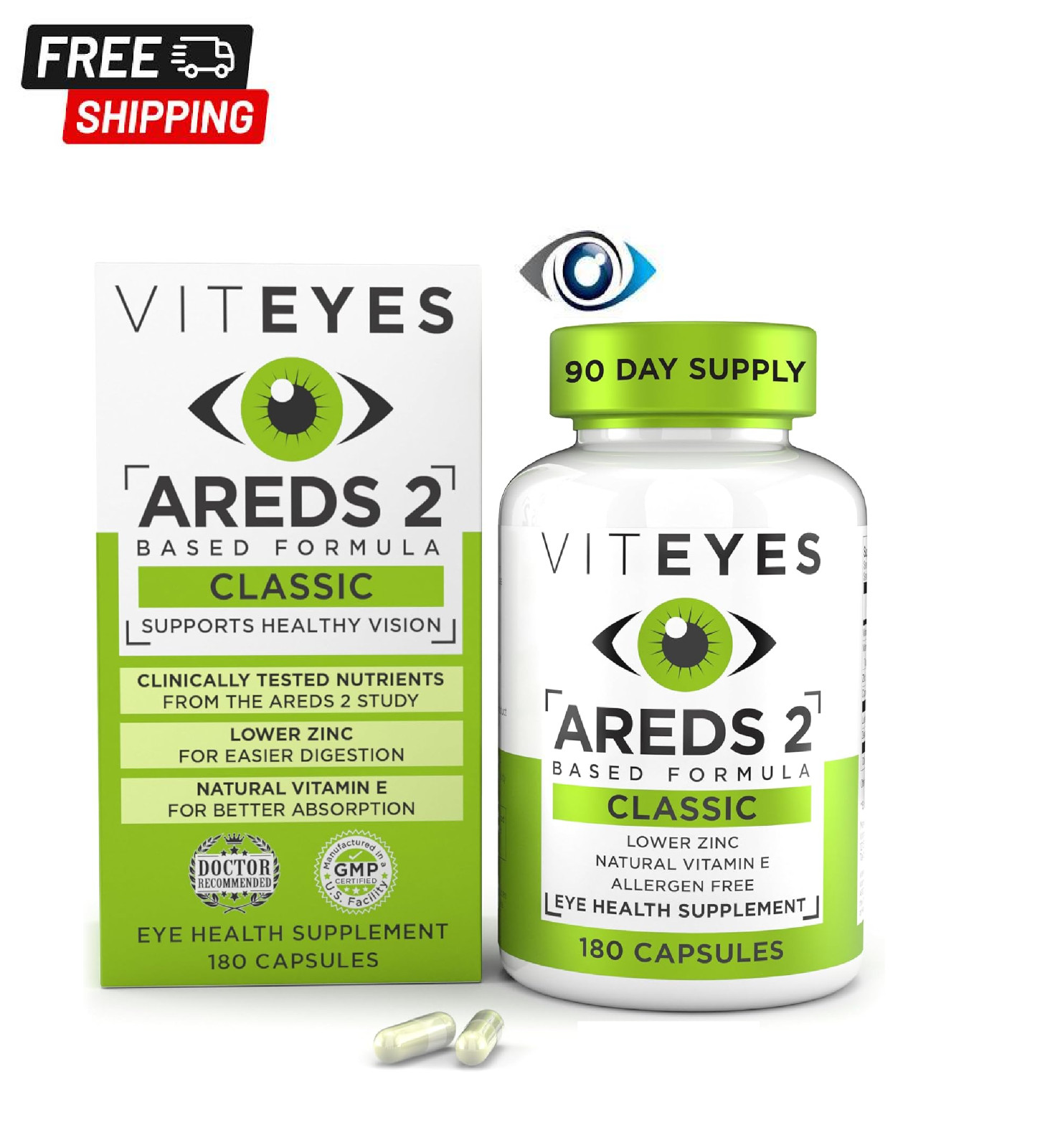 Viteyes AREDS 2 Eye Vitamins, Classic Macular Support, Allergen Free Capsules, w