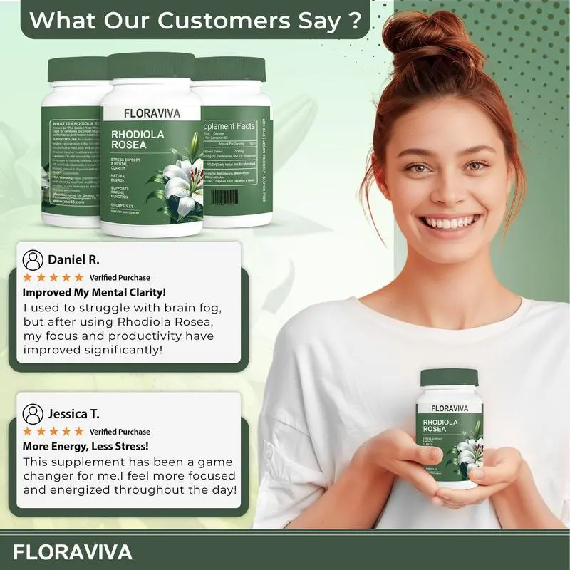 Floraviva Rhodiola Rosea Capsules for Stress Relief & Energy,Non-GMO